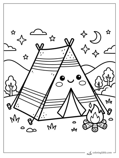 Kawaii teepee tent with a smiling face, campfire, hills, trees, stars, and crescent moon.