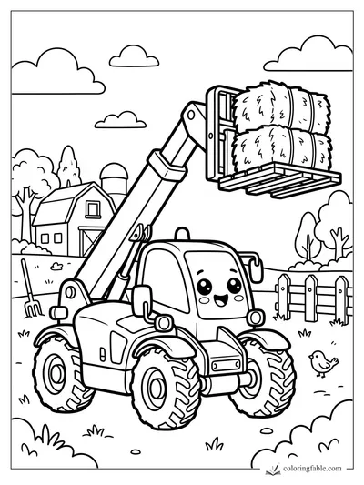 Kawaii telehandler lifting stacked hay bales beside a barn, fence, trees, clouds, pitchfork, and bird.