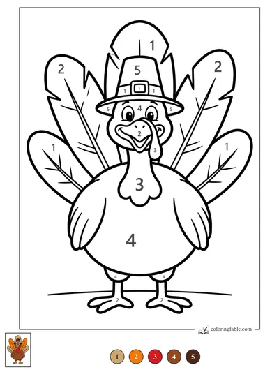 Smiling Thanksgiving Turkey in a Pilgrim Hat — color by number