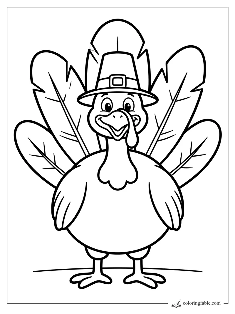 Easy Thanksgiving turkey coloring page with pilgrim hat, big tail feathers, and smiling face