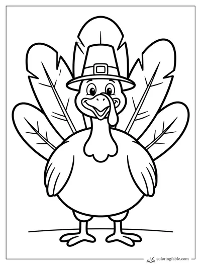 Easy Thanksgiving turkey coloring page with pilgrim hat, big tail feathers, and smiling face