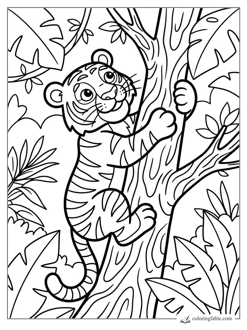 Smiling tiger cub climbing a tree trunk among big jungle leaves, bold easy coloring page