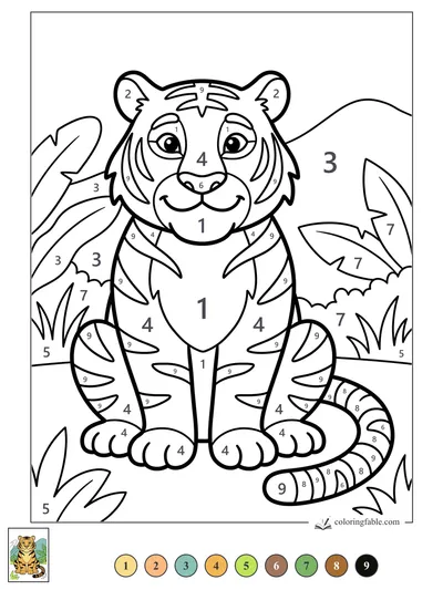Smiling Tiger Cub in Jungle Leaves — color by number