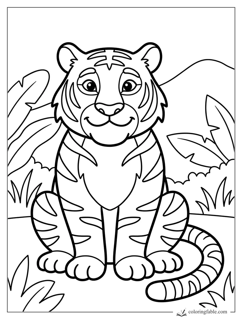 Easy tiger coloring page with a smiling cub, striped tail, jungle leaves, grass, and hills.