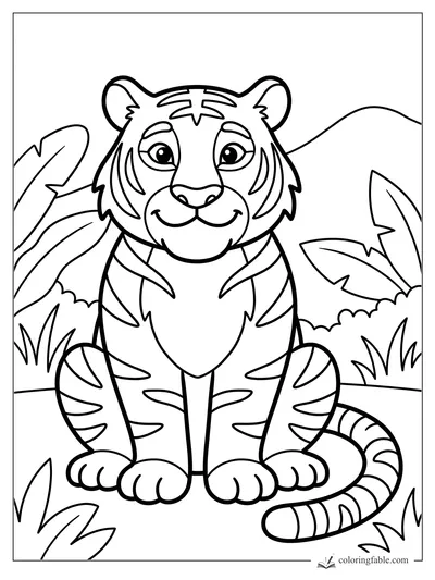 Easy tiger coloring page with a smiling cub, striped tail, jungle leaves, grass, and hills.