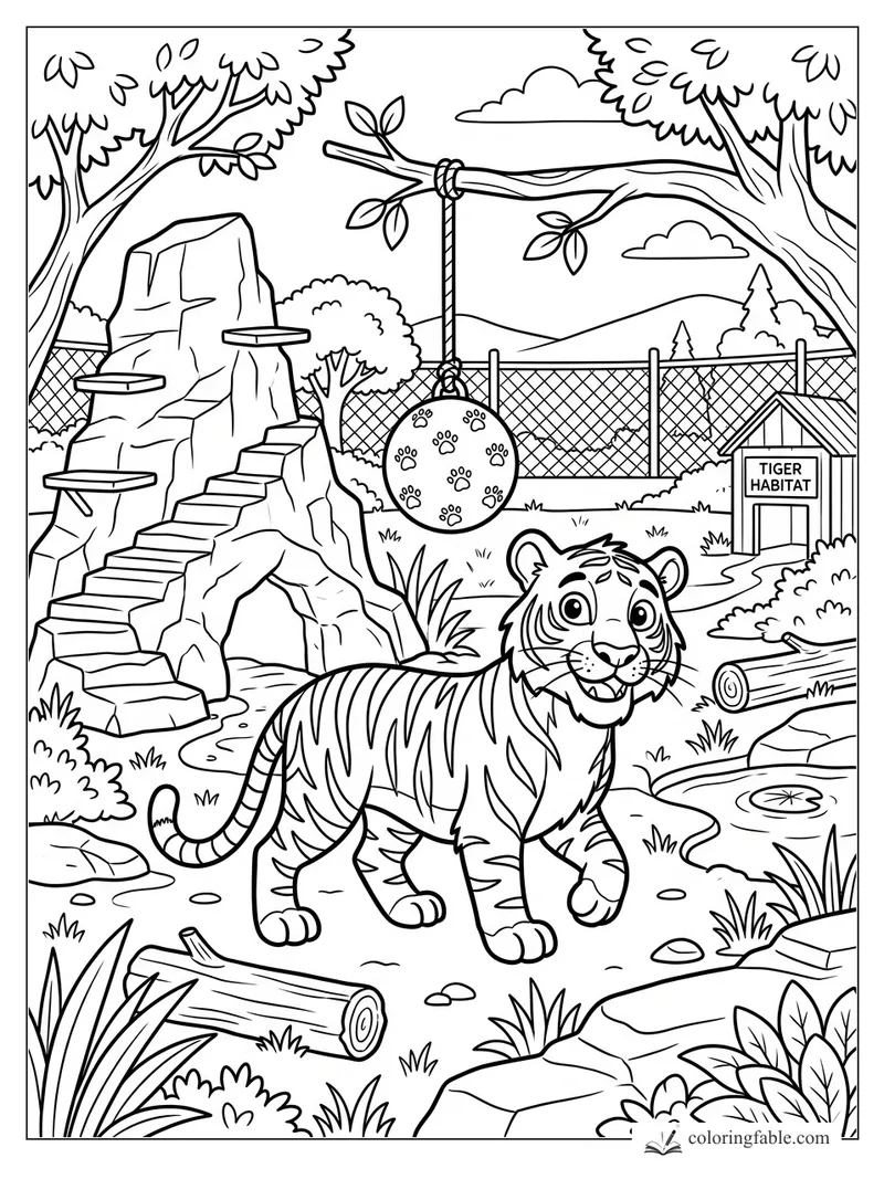 Cartoon tiger walking past a paw-print ball, rock steps, logs, pond, fence, and Tiger Habitat sign.