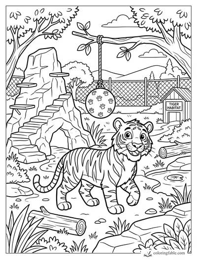 Cartoon tiger walking past a paw-print ball, rock steps, logs, pond, fence, and Tiger Habitat sign.