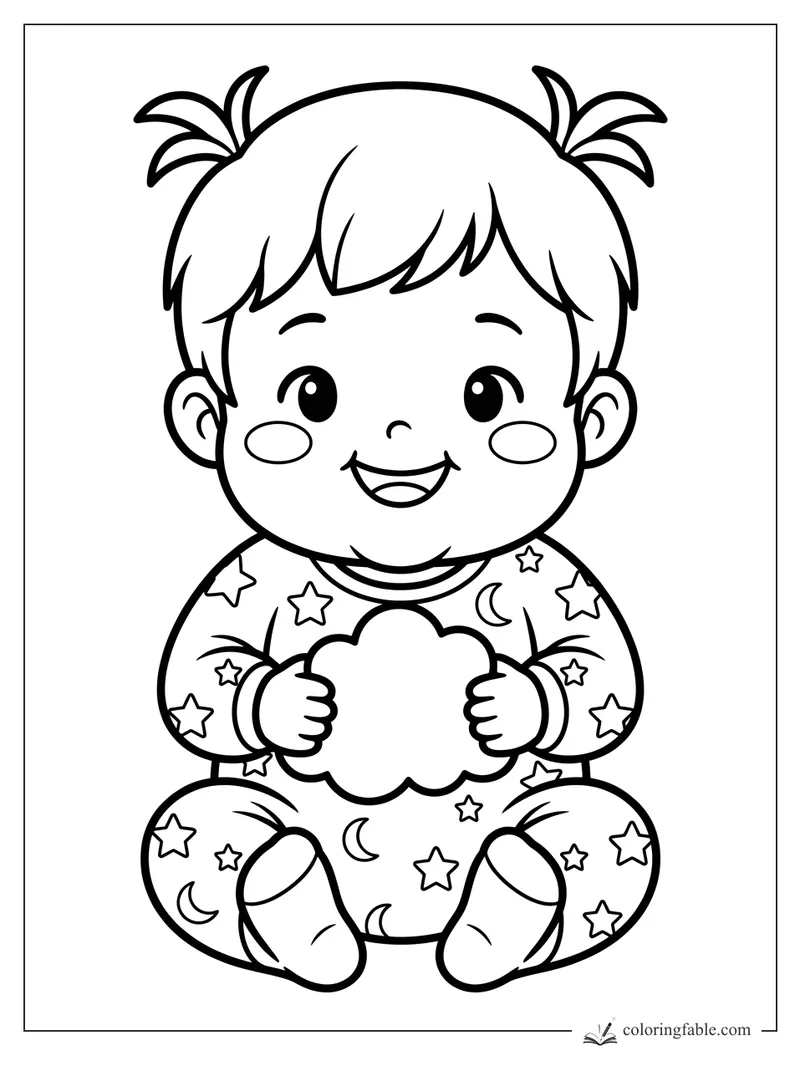 Anime toddler in star-and-moon pajamas holding a fluffy cloud pillow
