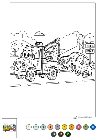 Smiling Tow Truck Lifting a Little Car — color by number