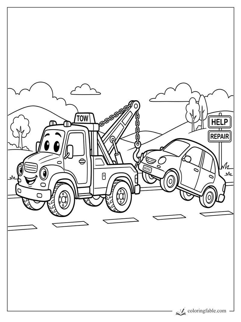 Cartoon tow truck lifting a small car near HELP and REPAIR signs on a hilly road