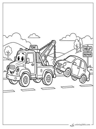 Cartoon tow truck lifting a small car near HELP and REPAIR signs on a hilly road