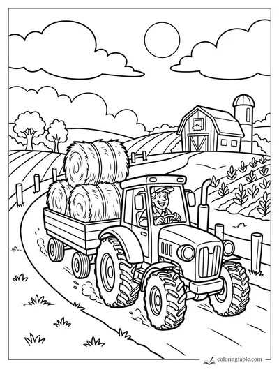 Cartoon tractor hauling round hay bales past a barn, silo, crop rows, clouds, and sun.