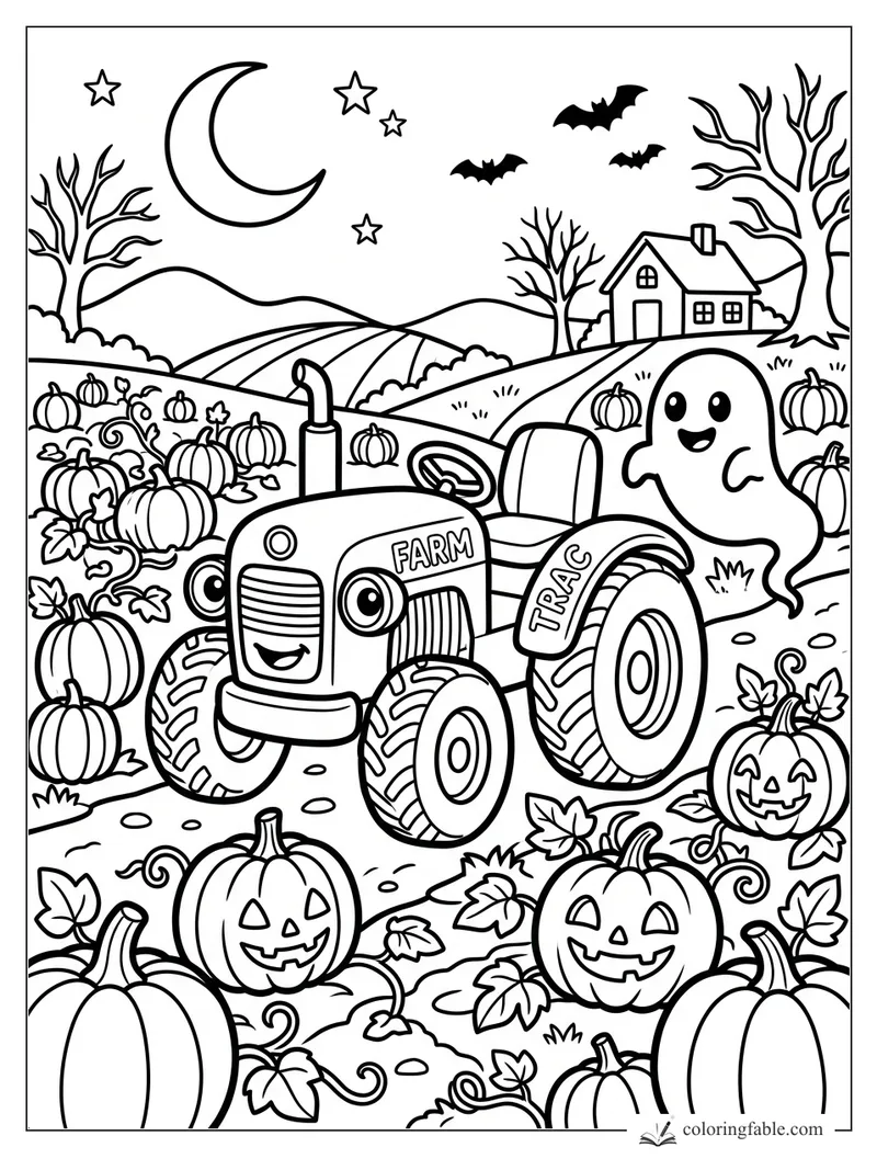 Cartoon tractor with pumpkins, a friendly ghost, bats, crescent moon, farmhouse, and Halloween jack-o’-lanterns.