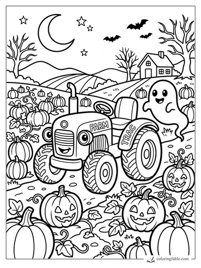 Cartoon tractor with pumpkins, a friendly ghost, bats, crescent moon, farmhouse, and Halloween jack-o’-lanterns.