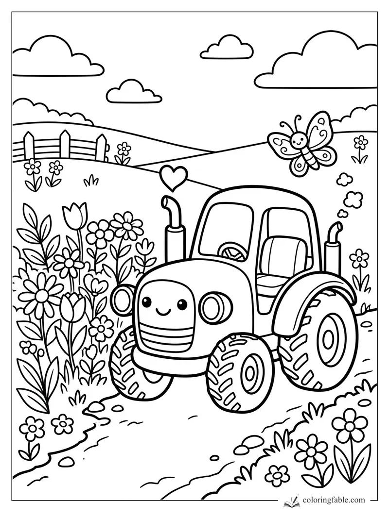 Kawaii tractor on a flower path with butterfly, rolling hills, fence, clouds, and heart-shaped smoke