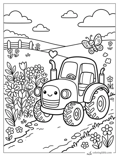 Kawaii tractor on a flower path with butterfly, rolling hills, fence, clouds, and heart-shaped smoke