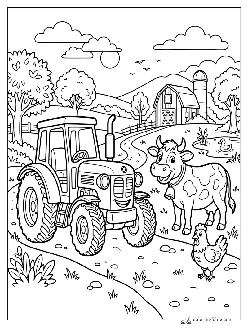 Cartoon tractor by a cow, chicken, pond, barn, silo, trees, hills, clouds, and birds on a farm path.