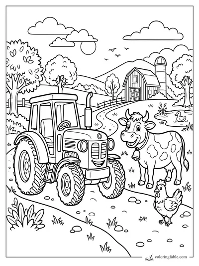 Cartoon tractor by a cow, chicken, pond, barn, silo, trees, hills, clouds, and birds on a farm path.