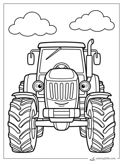 Bold easy tractor coloring page with big tires, smiling grill, mirrors, exhaust pipe, and two clouds