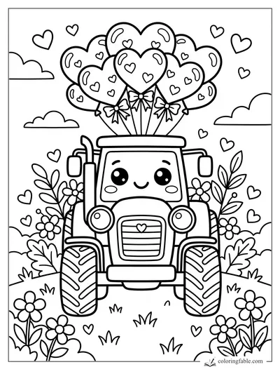 Kawaii tractor with heart balloons, bows, flowers, clouds, and floating hearts coloring page