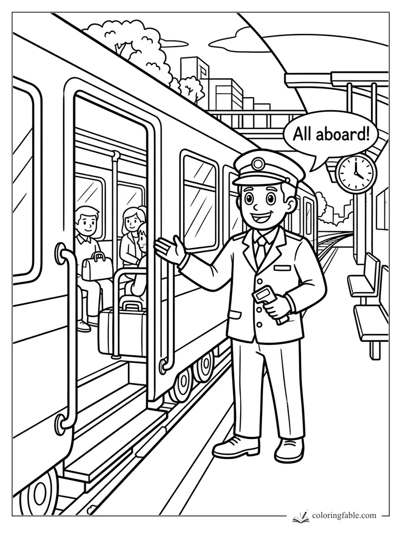 Cartoon train conductor welcoming passengers onto a city platform train with clock and speech bubble