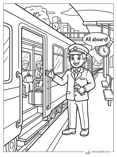 Cartoon train conductor welcoming passengers onto a city platform train with clock and speech bubble
