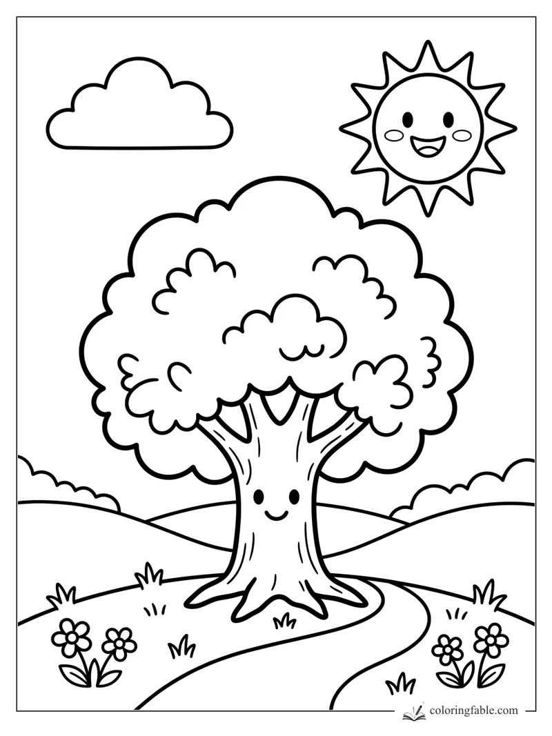 Bold easy coloring page of a smiling tree, happy sun, cloud, winding path, hills, grass, and flowers.