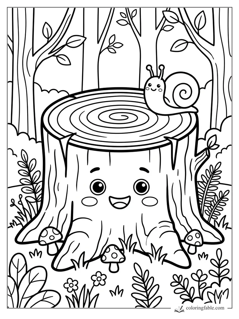 Cute smiling tree stump with a snail on top, mushrooms, ferns, and tall forest trees coloring page