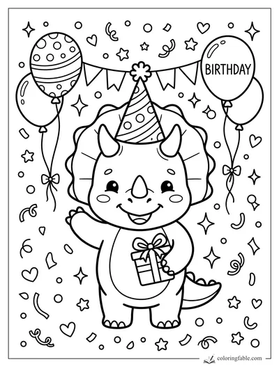 Kawaii triceratops in a party hat holding a gift, with birthday balloons, banner, stars, and confetti.