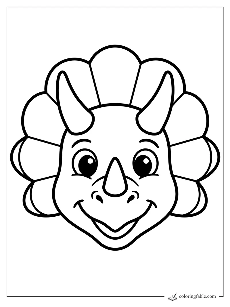 Bold easy triceratops face with three horns, big eyes, smile, and scalloped frill