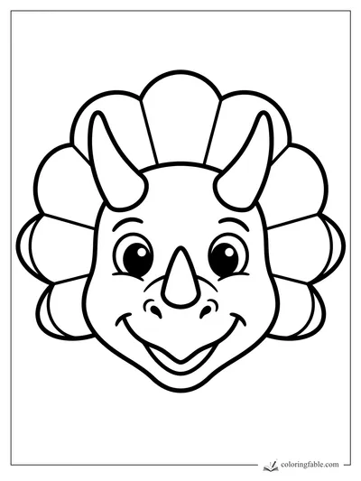 Bold easy triceratops face with three horns, big eyes, smile, and scalloped frill