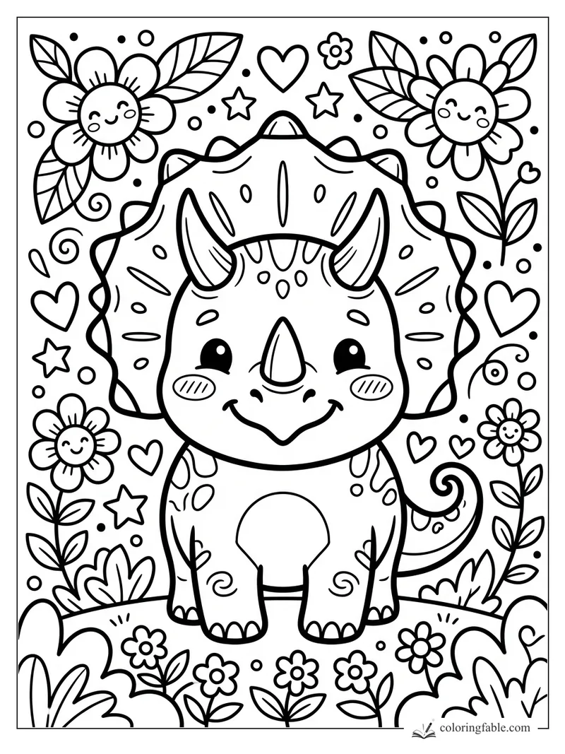 Kawaii triceratops smiling among flowers, hearts, stars, leaves, and dots coloring page