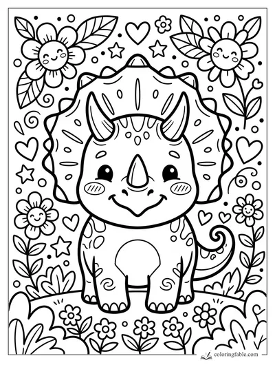 Kawaii triceratops smiling among flowers, hearts, stars, leaves, and dots coloring page