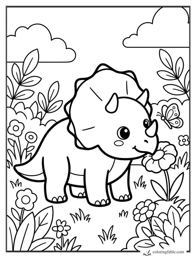 Kawaii triceratops smiling beside flowers, leafy bushes, clouds, and a butterfly in a garden coloring page