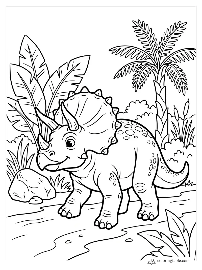 Cartoon triceratops smiling on a winding jungle path with palms, broad leaves, rocks, and cattails.