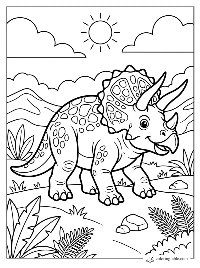 Bold triceratops coloring page with a smiling dinosaur, big horns, sun, clouds, plants, rocks, and hills.