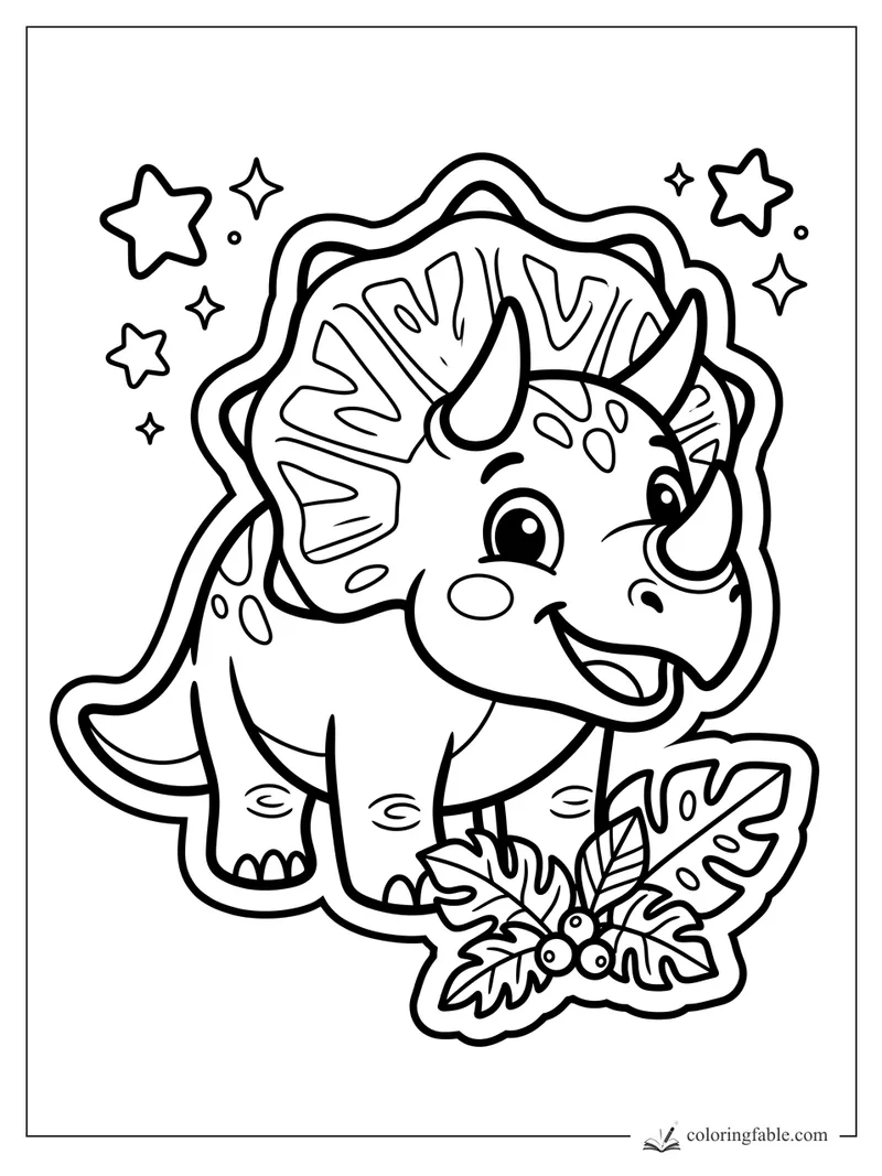 Cute triceratops sticker coloring page with big frill, stars, leaves, and berries.