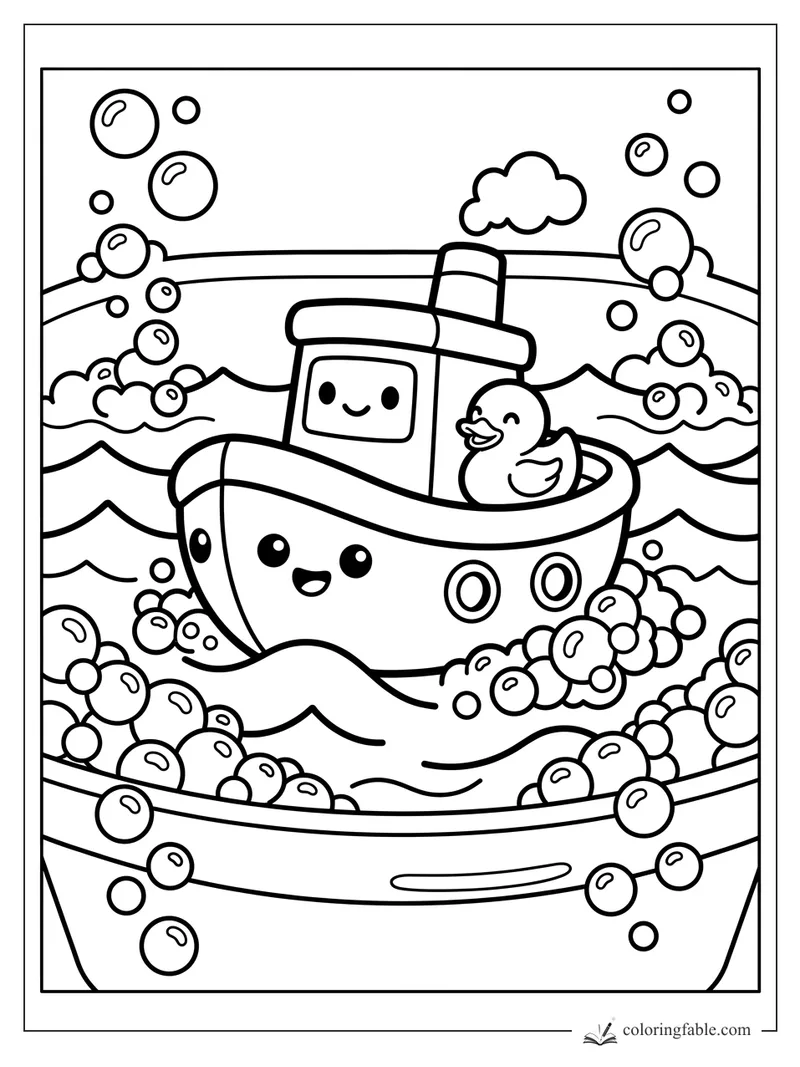 Kawaii toy boat with a smiling face, duck passenger, bubbles, waves, and a puffy cloud in a tub.