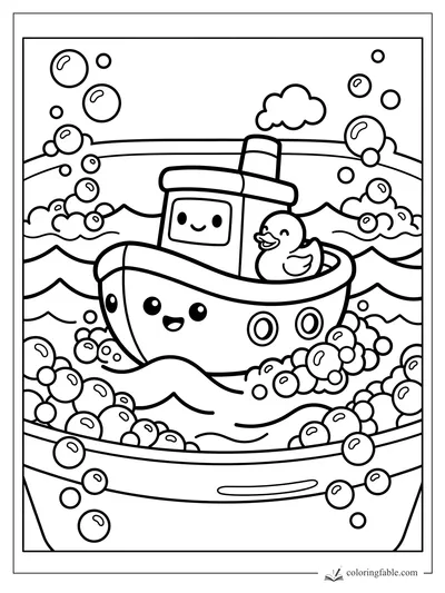 Kawaii toy boat with a smiling face, duck passenger, bubbles, waves, and a puffy cloud in a tub.