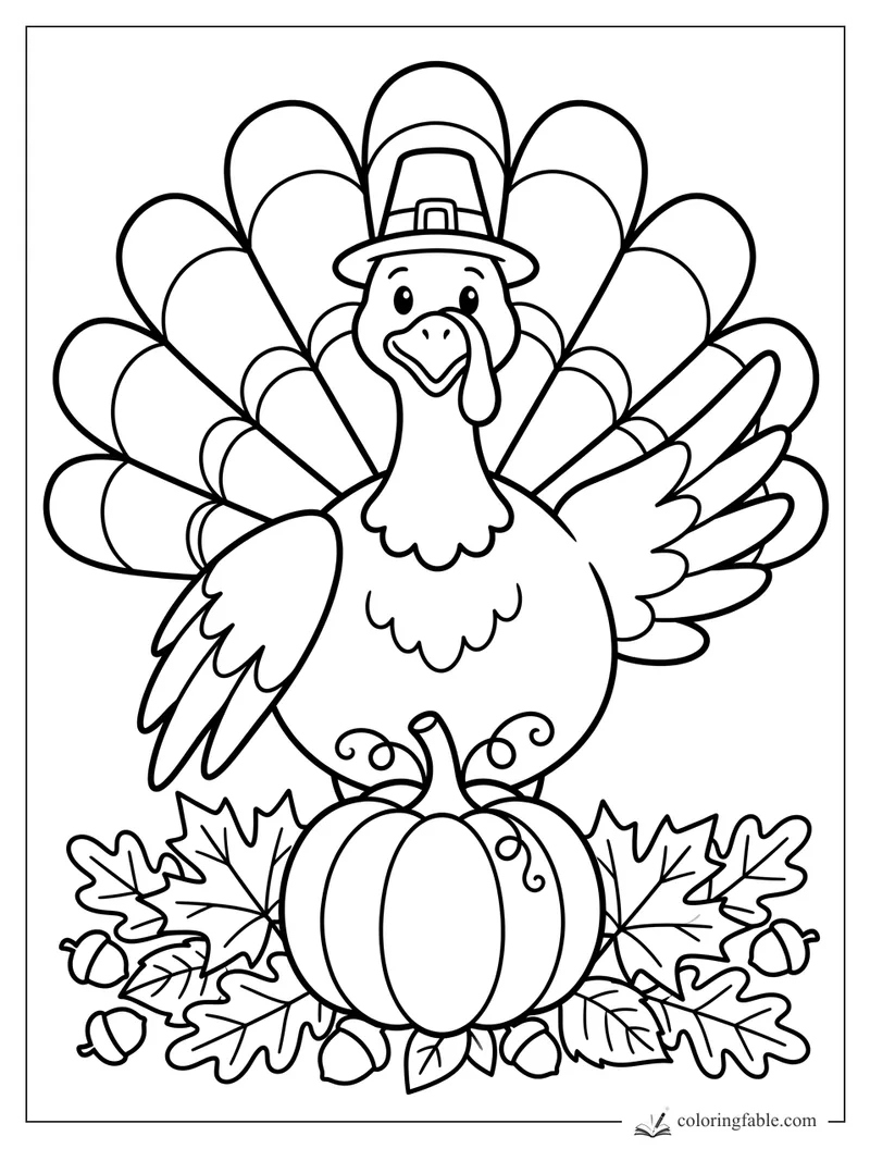 Smiling Thanksgiving turkey in a pilgrim hat standing behind a pumpkin, fall leaves, and acorns.