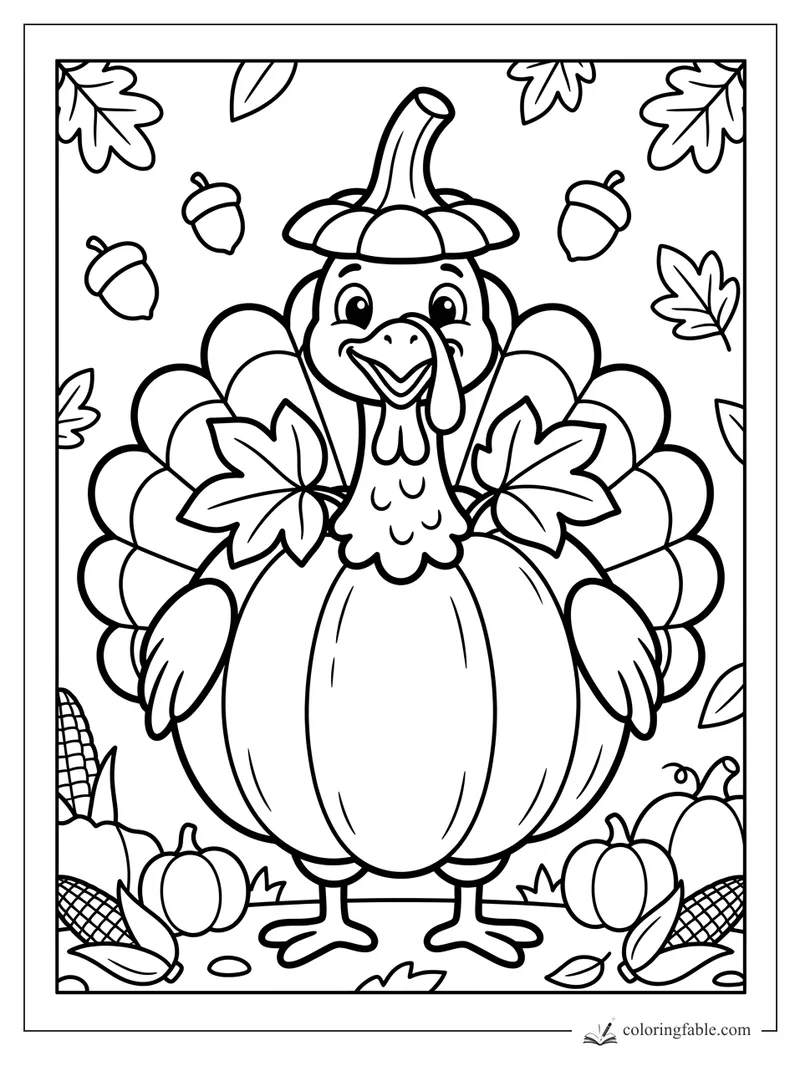 Easy Thanksgiving turkey coloring page with pumpkin hat, maple leaves, acorns, pumpkins, and corn.