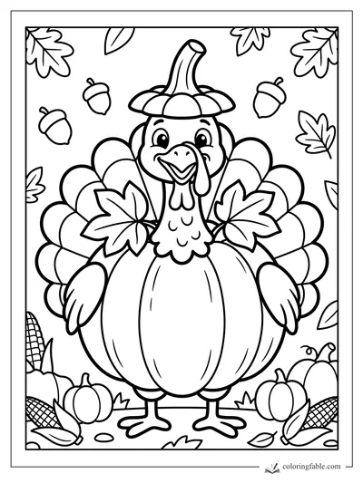Easy Thanksgiving turkey coloring page with pumpkin hat, maple leaves, acorns, pumpkins, and corn.