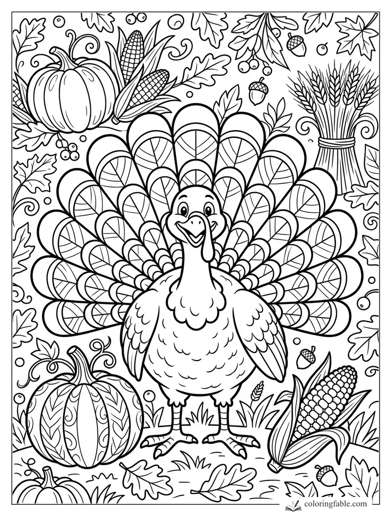 Cartoon turkey with fanned tail among pumpkins, corn, wheat, acorns, berries, and fall leaves