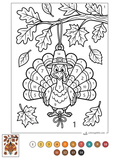 Smiling Turkey Ornament Under Autumn Leaves — color by number