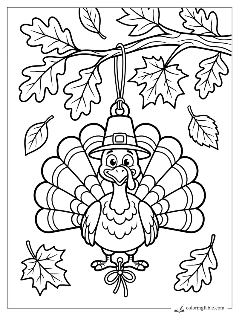 Cartoon turkey ornament with pilgrim hat, fan tail, bow, and falling autumn leaves to color.