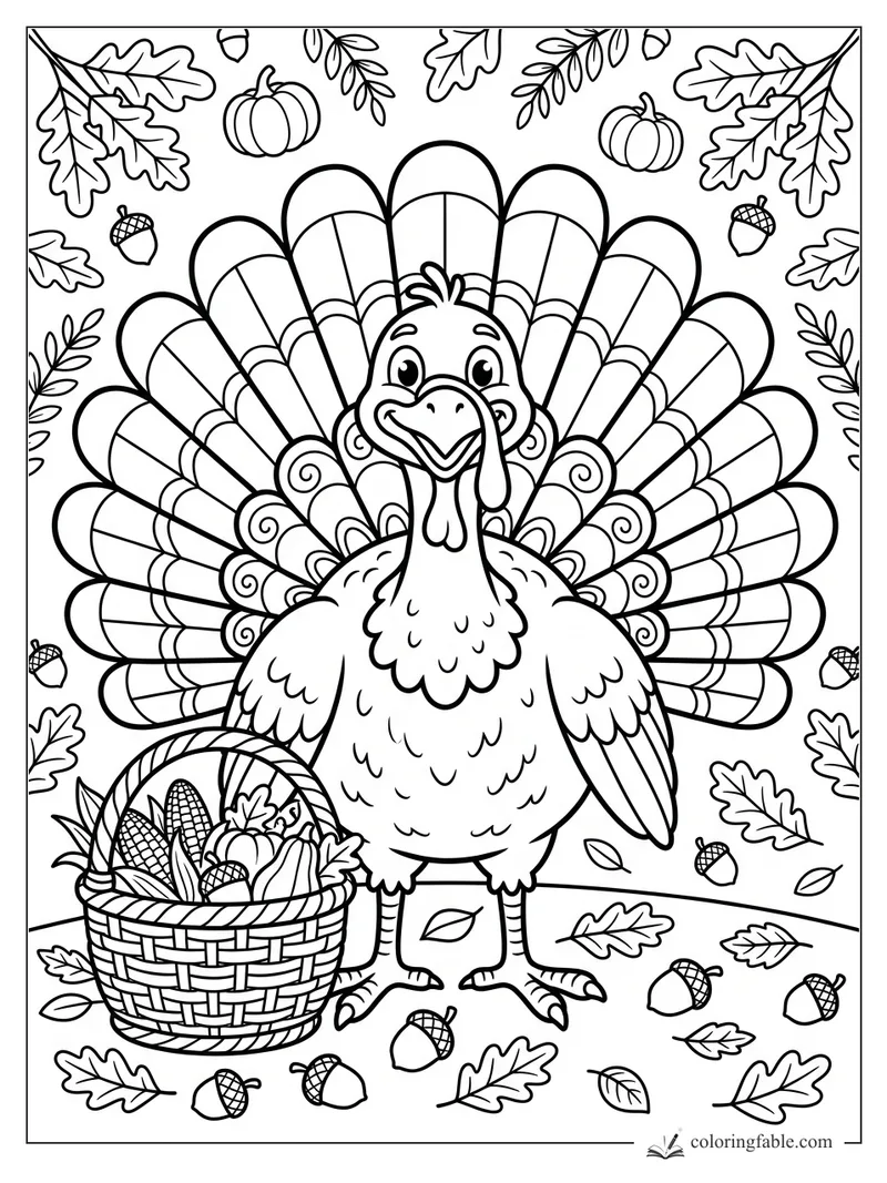 Cartoon turkey with fanned tail, basket of corn, pumpkins, oak leaves, and acorns coloring page
