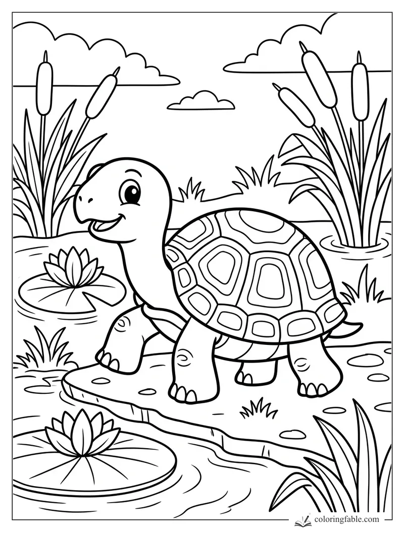 Smiling cartoon turtle walking by lily pads, cattails, reeds, clouds, and pond ripples.