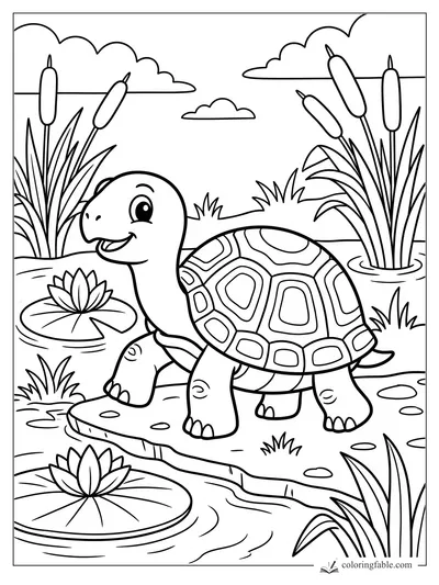 Smiling cartoon turtle walking by lily pads, cattails, reeds, clouds, and pond ripples.