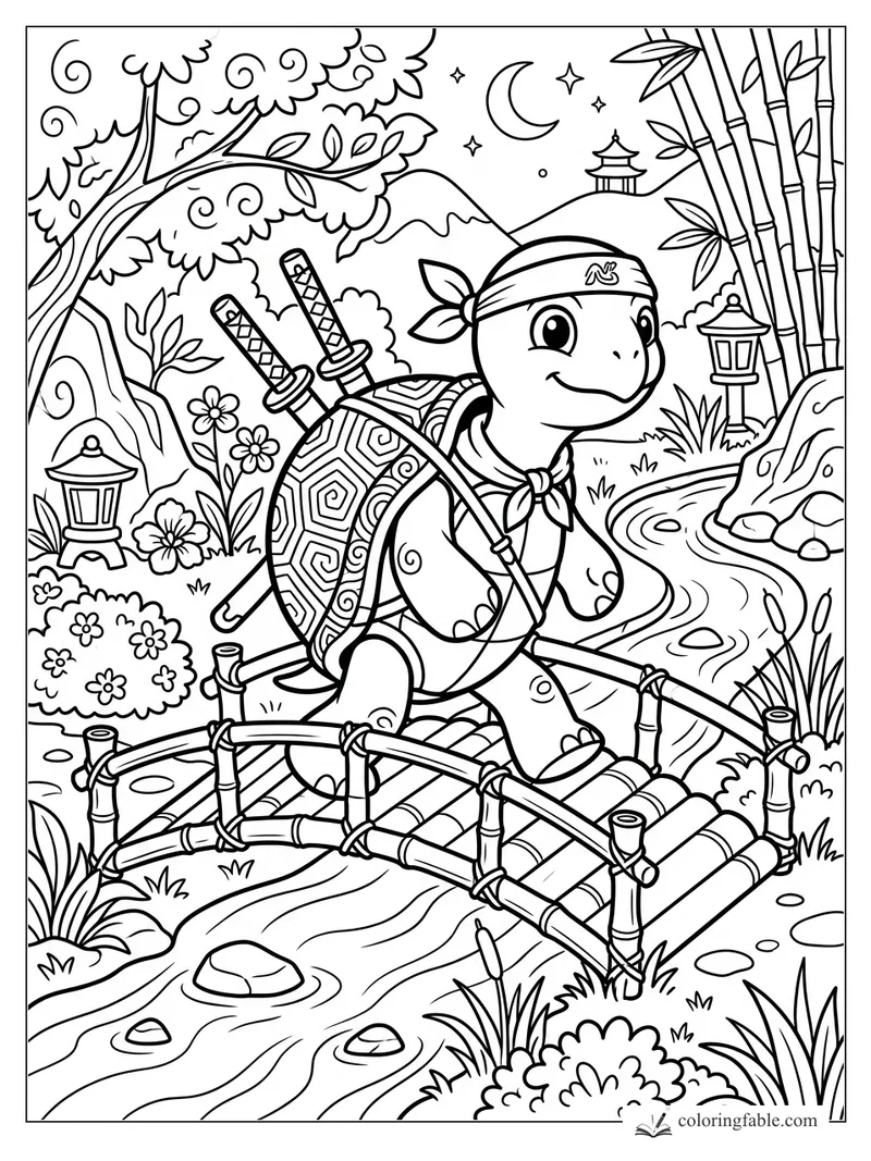 Cartoon turtle ninja with twin swords crossing a bamboo bridge over a stream in a moonlit garden.
