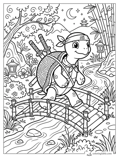 Cartoon turtle ninja with twin swords crossing a bamboo bridge over a stream in a moonlit garden.